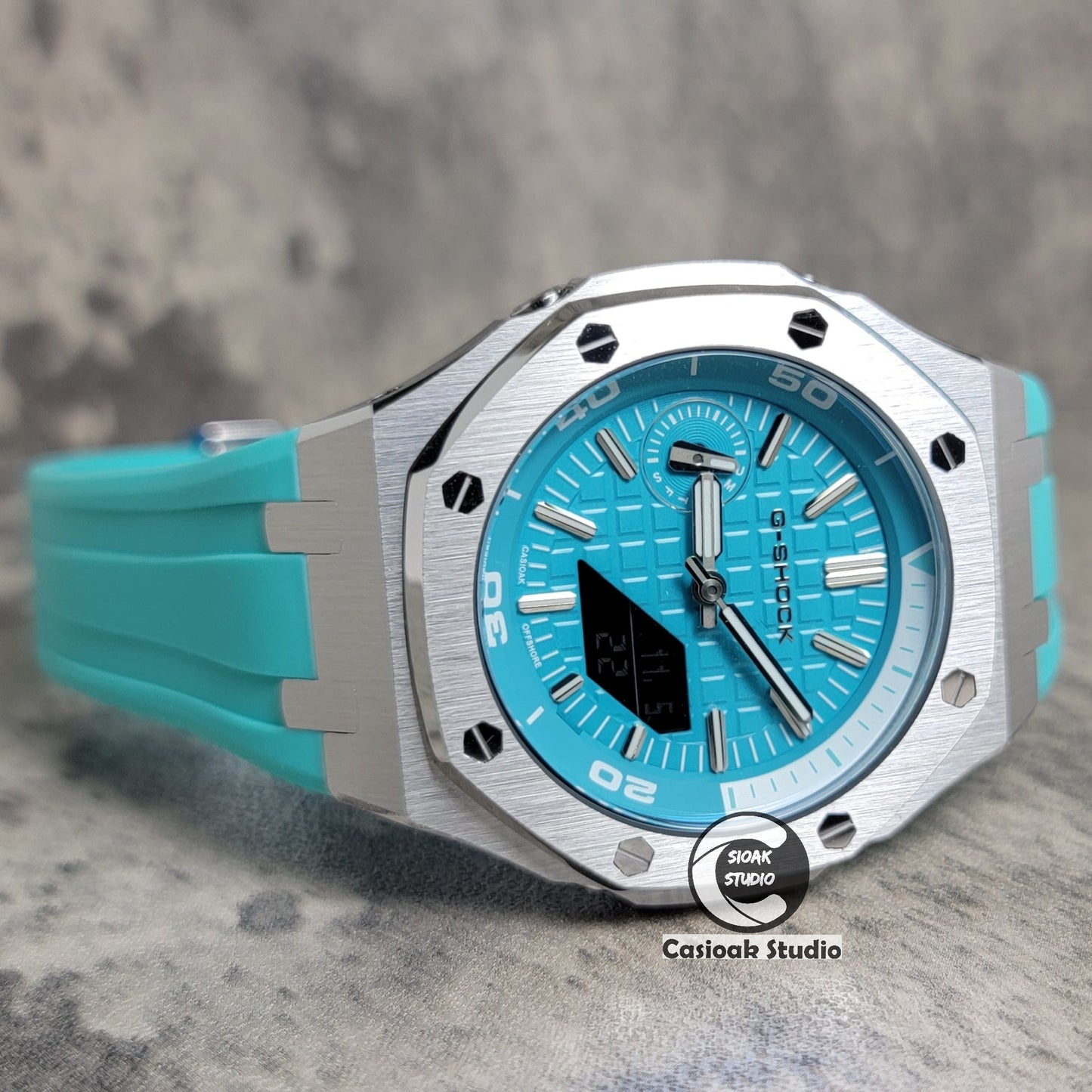 Casioak Mod Watch New Silver Case Tiff Rubber Strap Silver Time Mark Tiff Blue Dial 44mm Sapphire Glass- Casioak Mod Casio G-Shock Royal Oak Custom Mens Luxury Watches Ga2100