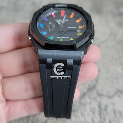 Casioak Mod Watch Offshore Superior Black Case Black Rubber Rubber Strap Black Rainbow Time Mark Black Waffle Dial 44mm- Casioak Mod Casio G-Shock Royal Oak Custom Mens Luxury Watches Ga2100