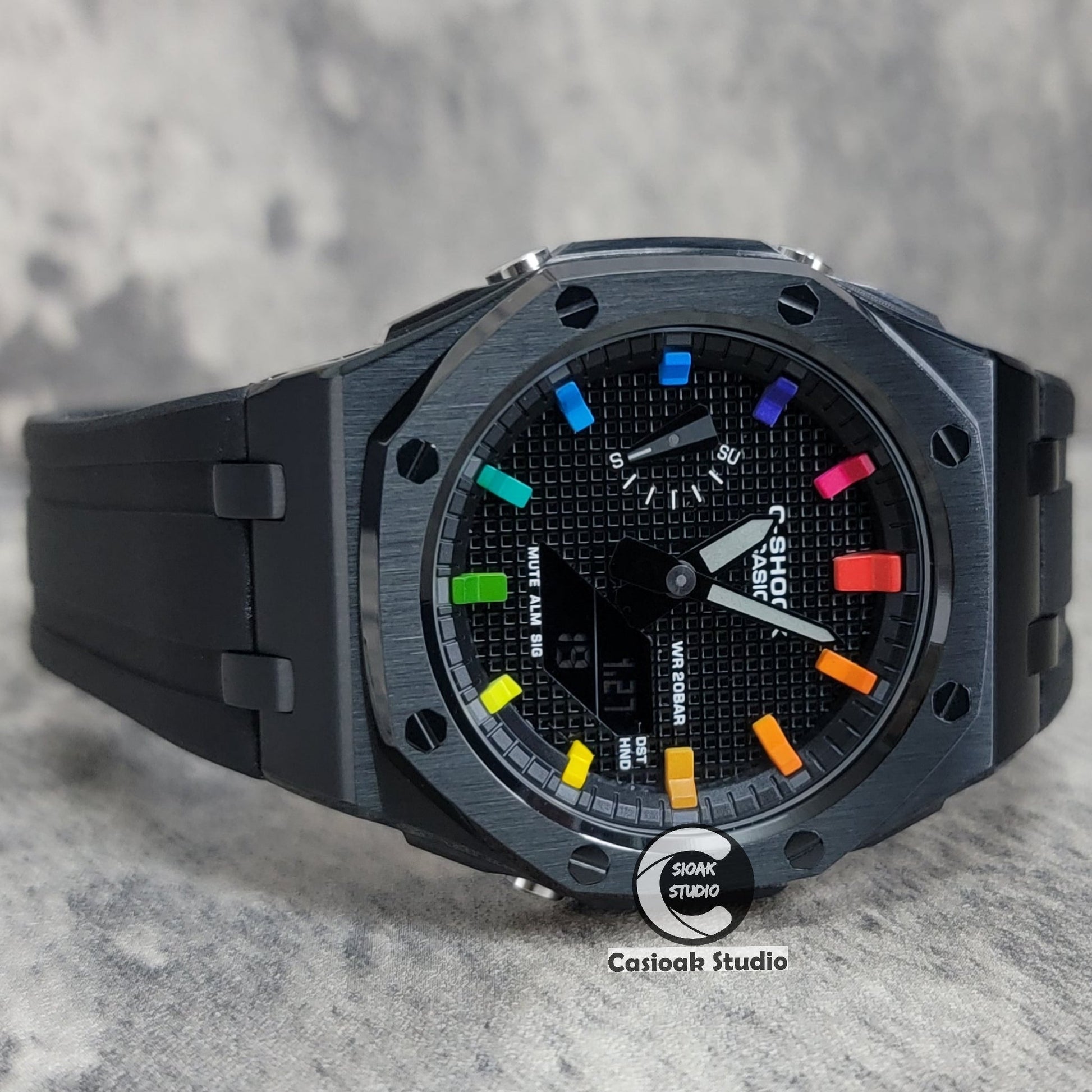 Casioak Mod Watch Offshore Superior Black Case Black Rubber Rubber Strap Black Rainbow Time Mark Black Waffle Dial 44mm- Casioak Mod Casio G-Shock Royal Oak Custom Mens Luxury Watches Ga2100