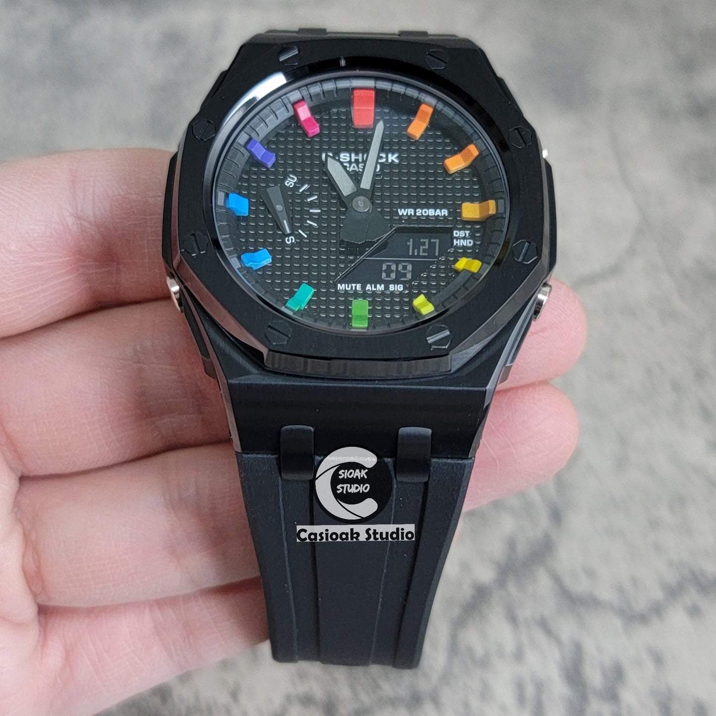 Casioak Mod Watch Offshore Superior Black Case Black Rubber Rubber Strap Black Rainbow Time Mark Black Waffle Dial 44mm- Casioak Mod Casio G-Shock Royal Oak Custom Mens Luxury Watches Ga2100