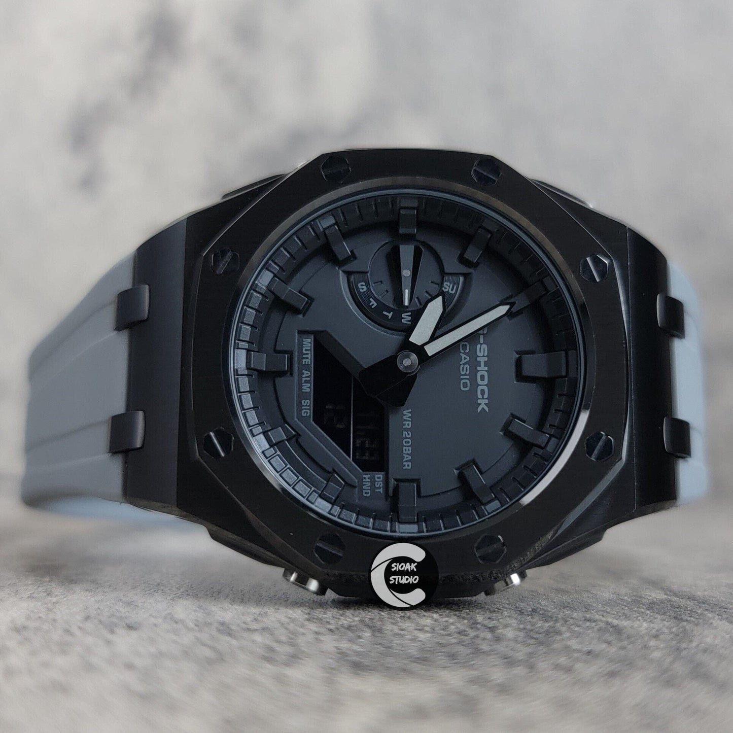 Casioak Mod Watch Offshore Superior Black Case Black Rubber Rubber Strap Black Time Mark Black Dial 44mm- Casioak Mod Casio G-Shock Royal Oak Custom Mens Luxury Watches Ga2100