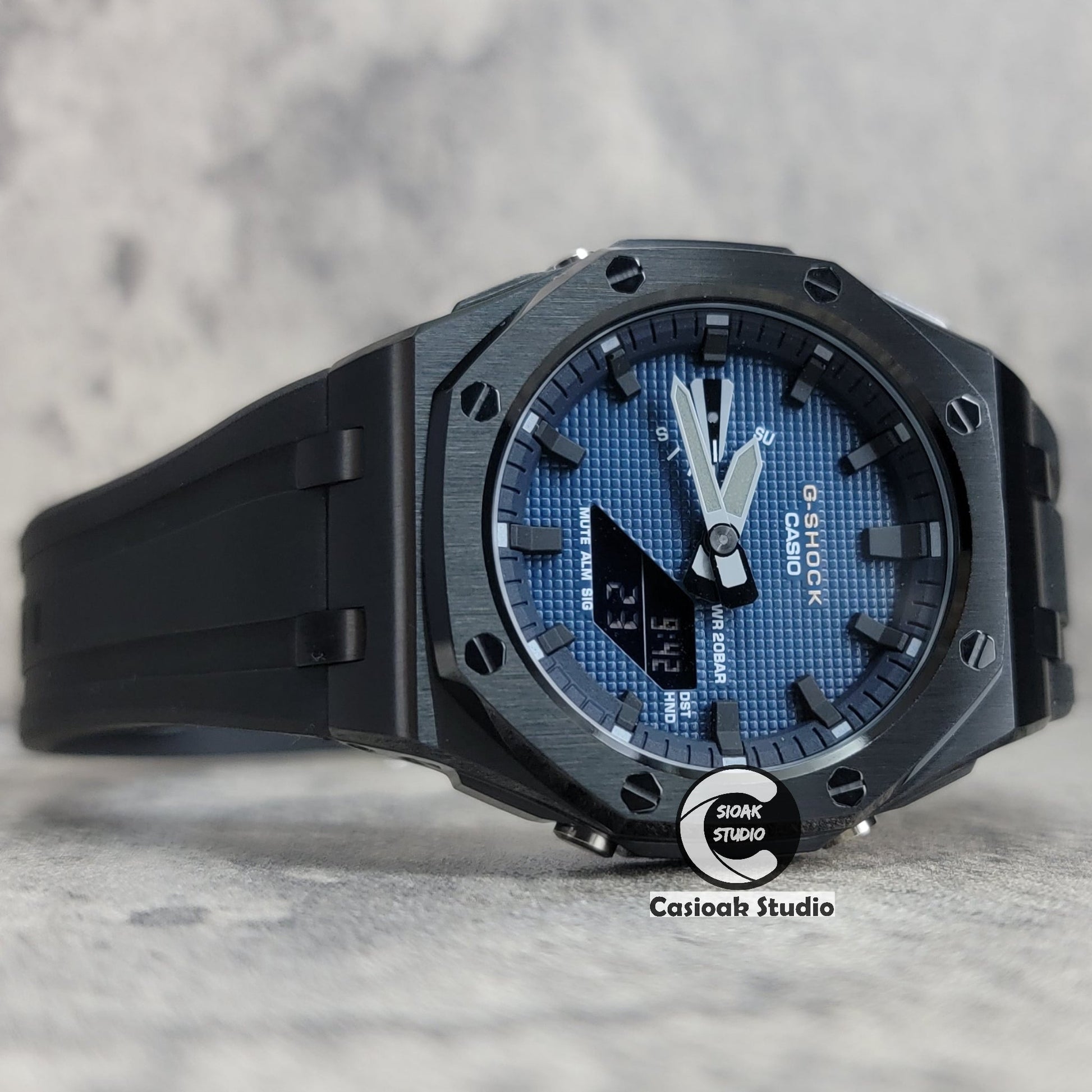 Casioak Mod Watch Offshore Superior Black Case Black Rubber Rubber Strap Blue Black Time Mark Blue Waffle Dial 44mm- Casioak Mod Casio G-Shock Royal Oak Custom Mens Luxury Watches Ga2100