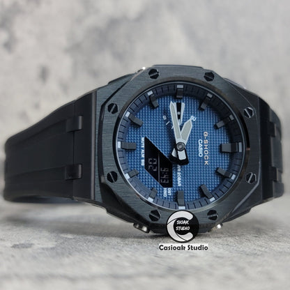 Casioak Mod Watch Offshore Superior Black Case Black Rubber Rubber Strap Blue Black Time Mark Blue Waffle Dial 44mm- Casioak Mod Casio G-Shock Royal Oak Custom Mens Luxury Watches Ga2100