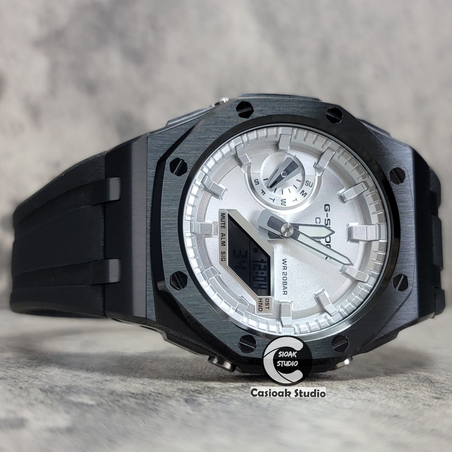 Casioak Mod Watch Offshore Superior Black Case Black Rubber Rubber Strap Silver Time Mark Silver Dial 44mm- Casioak Mod Casio G-Shock Royal Oak Custom Mens Luxury Watches Ga2100