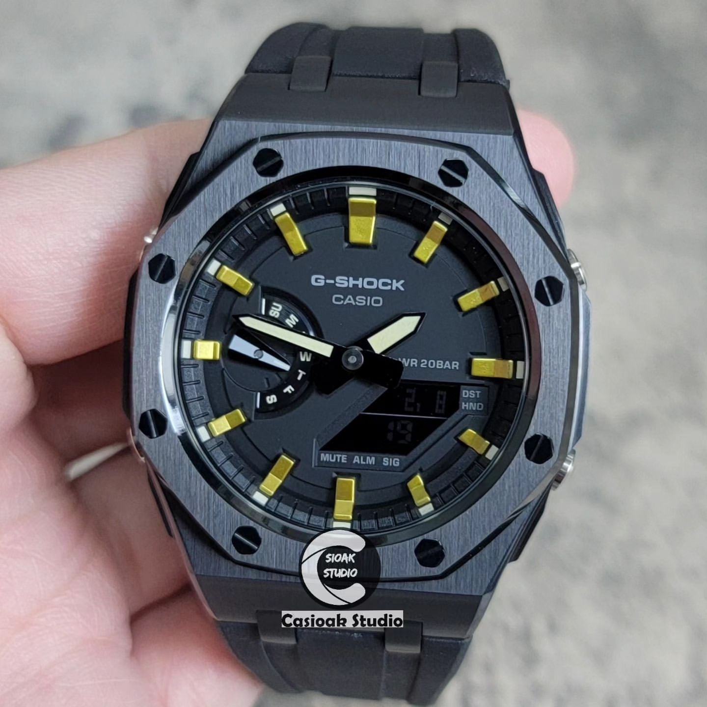 Casioak Mod Watch Offshore Superior Black Case Black Rubber Strap Black Gold Time Mark Black Dial 44mm- Casioak Mod Casio G-Shock Royal Oak Custom Mens Luxury Watches Ga2100