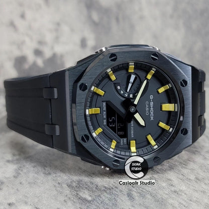 Casioak Mod Watch Offshore Superior Black Case Black Rubber Strap Black Gold Time Mark Black Dial 44mm- Casioak Mod Casio G-Shock Royal Oak Custom Mens Luxury Watches Ga2100