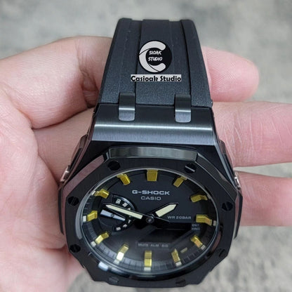 Casioak Mod Watch Offshore Superior Black Case Black Rubber Strap Black Gold Time Mark Black Dial 44mm- Casioak Mod Casio G-Shock Royal Oak Custom Mens Luxury Watches Ga2100