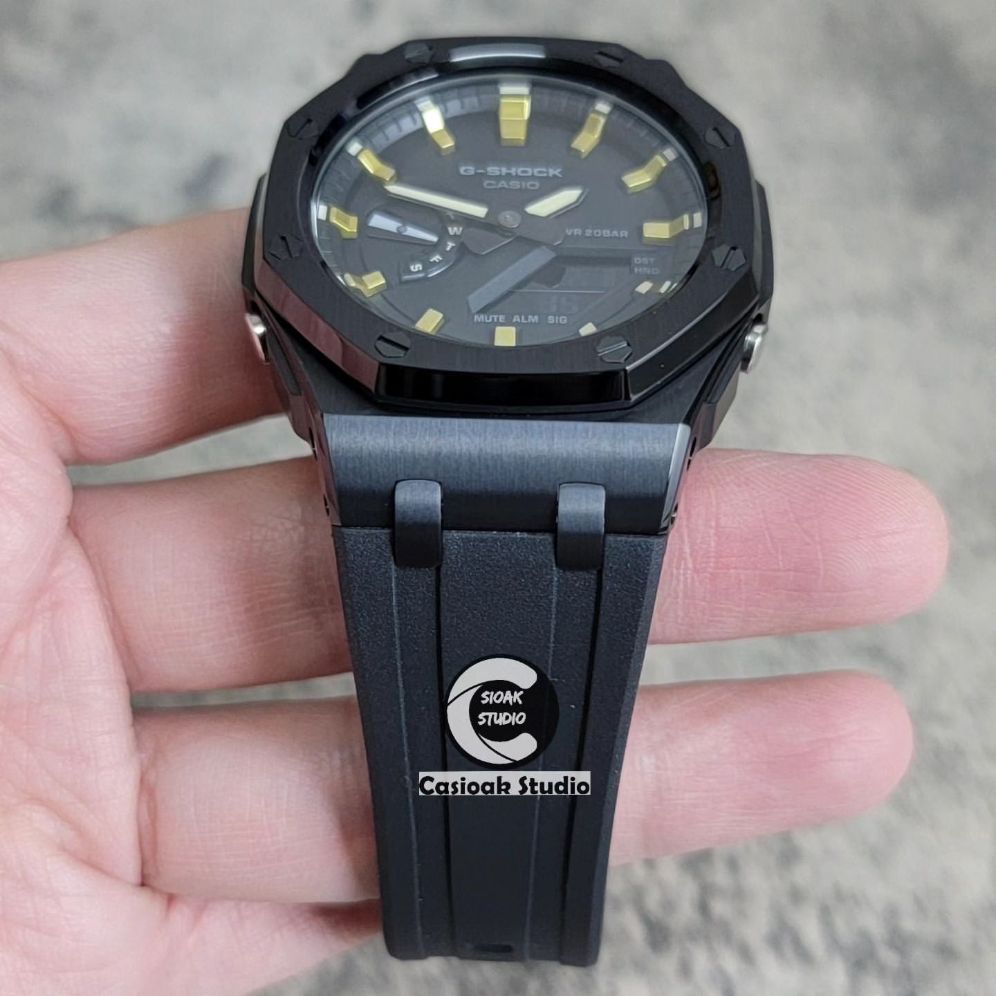 Casioak Mod Watch Offshore Superior Black Case Black Rubber Strap Black Gold Time Mark Black Dial 44mm- Casioak Mod Casio G-Shock Royal Oak Custom Mens Luxury Watches Ga2100