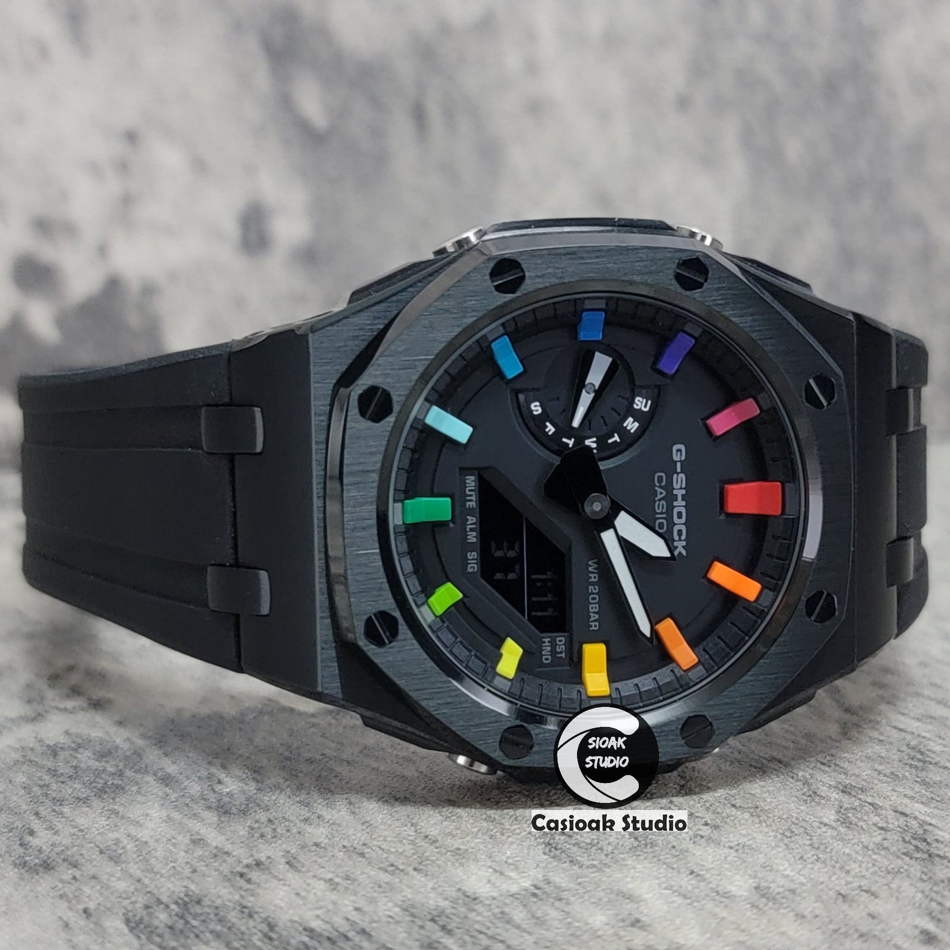 Casioak Mod Watch Offshore Superior Black Case Black Rubber Strap Black Rainbow Time Mark Black Dial 44mm- Casioak Mod Casio G-Shock Royal Oak Custom Mens Luxury Watches Ga2100