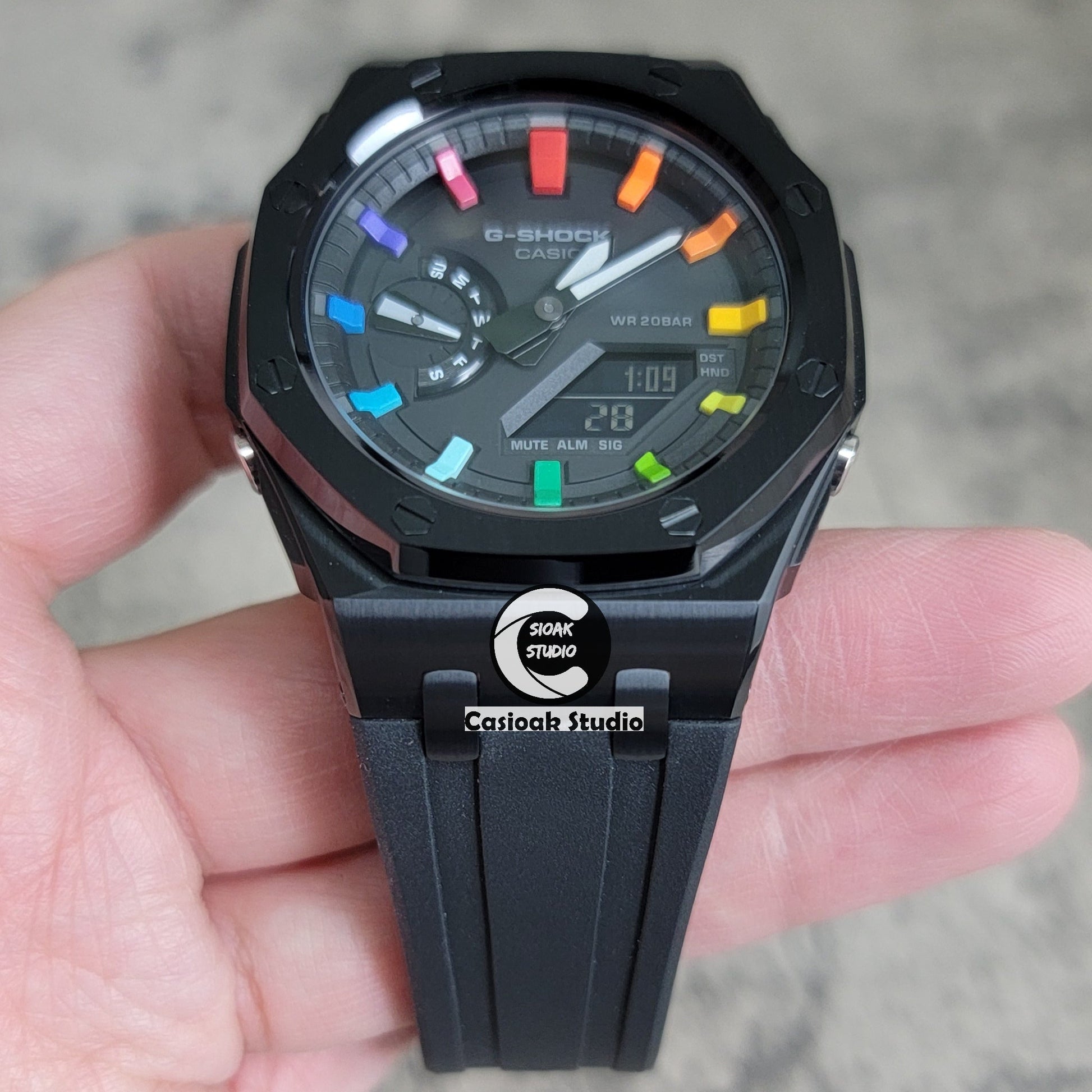 Casioak Mod Watch Offshore Superior Black Case Black Rubber Strap Black Rainbow Time Mark Black Dial 44mm- Casioak Mod Casio G-Shock Royal Oak Custom Mens Luxury Watches Ga2100