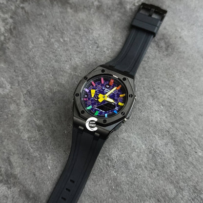 Casioak Mod Watch Offshore Superior Black Case Black Rubber Strap Black Rainbow Time Mark Takashi Murakami Dial 44mm- Casioak Mod Casio G-Shock Royal Oak Custom Mens Luxury Watches Ga2100