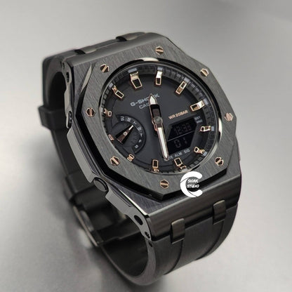 Casioak Mod Watch Offshore Superior Black Case Black Rubber Strap Black Rose Gold Time Mark Black Dial 42mm- Casioak Mod Casio G-Shock Royal Oak Custom Mens Luxury Watches Ga2100