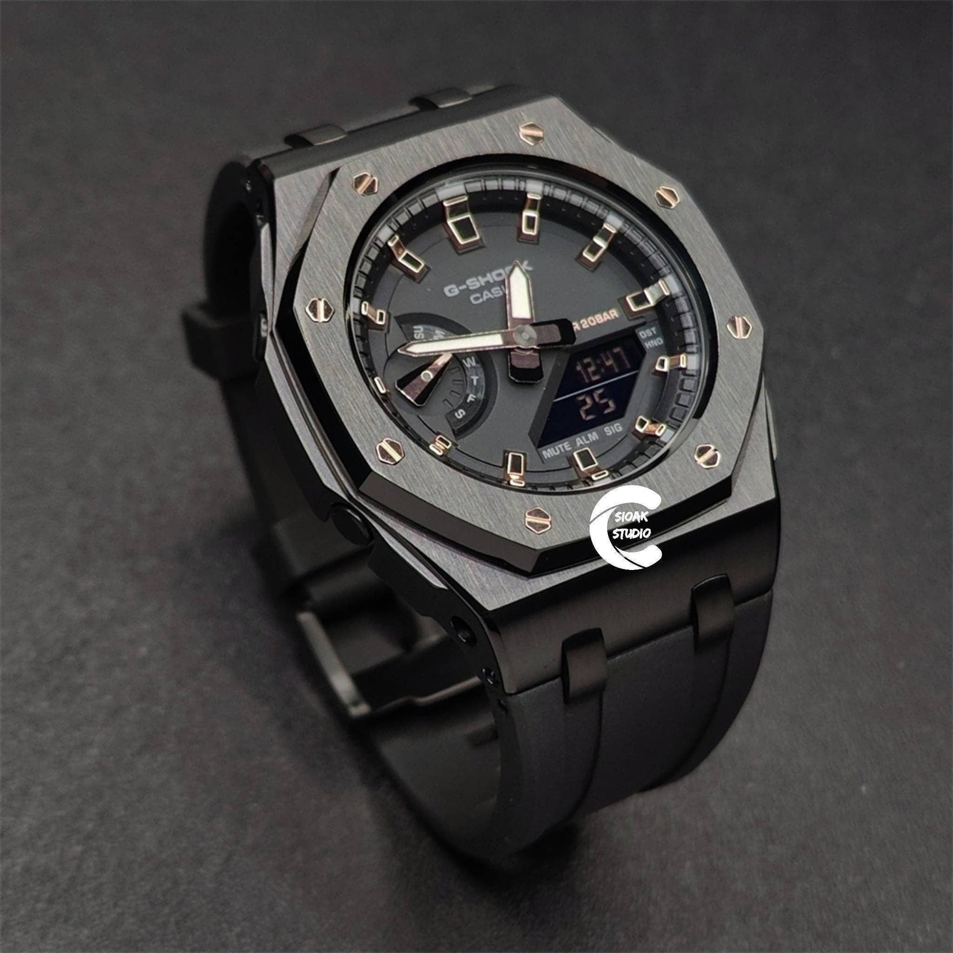 Casioak Mod Watch Offshore Superior Black Case Black Rubber Strap Black Rose Gold Time Mark Black Dial 42mm- Casioak Mod Casio G-Shock Royal Oak Custom Mens Luxury Watches Ga2100