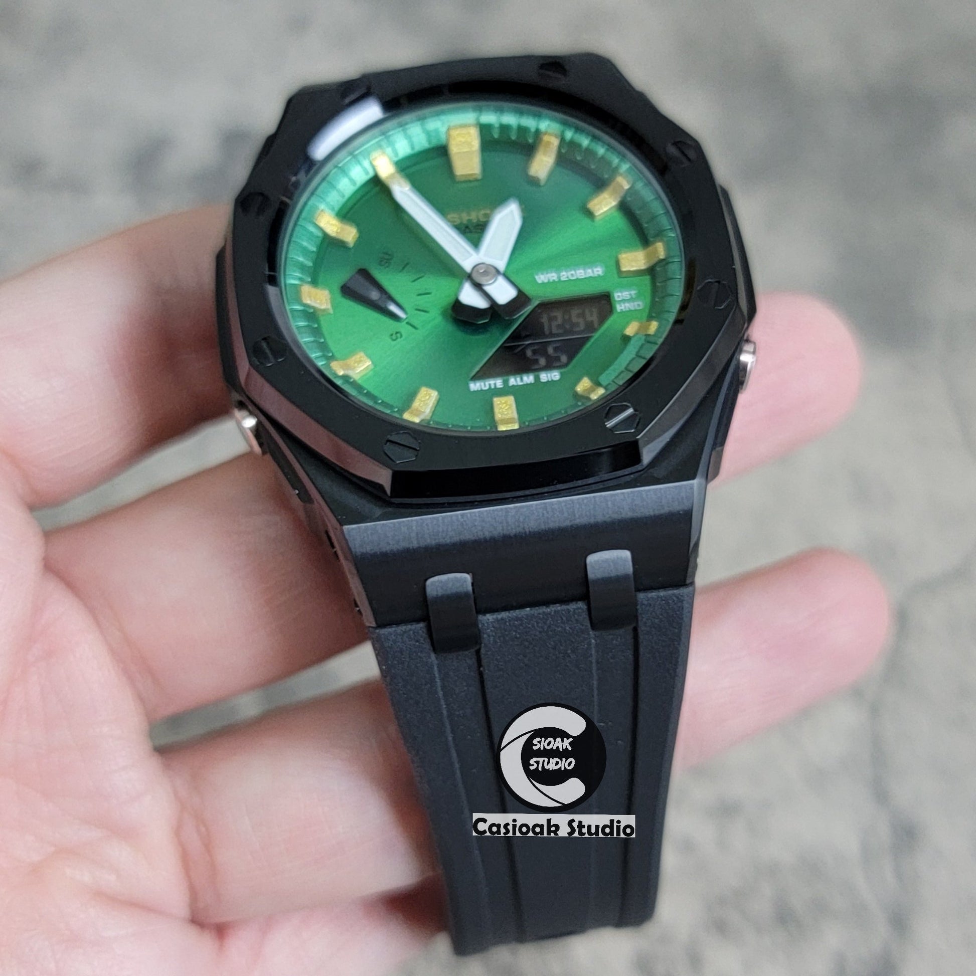 Casioak Mod Watch Offshore Superior Black Case Black Rubber Strap Green Gold Time Mark Green Dial 44mm- Casioak Mod Casio G-Shock Royal Oak Custom Mens Luxury Watches Ga2100