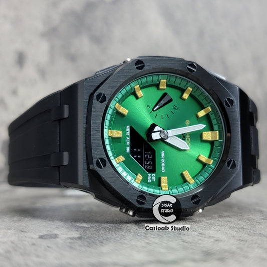 Casioak Mod Watch Offshore Superior Black Case Black Rubber Strap Green Gold Time Mark Green Dial 44mm- Casioak Mod Casio G-Shock Royal Oak Custom Mens Luxury Watches Ga2100