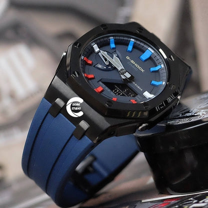 Casioak Mod Watch Offshore Superior Black Case Blue Rubber Rubber Strap Blue Rainbow Time Mark Blue Dial 44mm- Casioak Mod Casio G-Shock Royal Oak Custom Mens Luxury Watches Ga2100