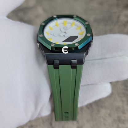 Casioak Mod Watch Offshore Superior Black Case Green Rubber Strap White Yellow Time Mark White Dial 44mm- Casioak Mod Casio G-Shock Royal Oak Custom Mens Luxury Watches Ga2100