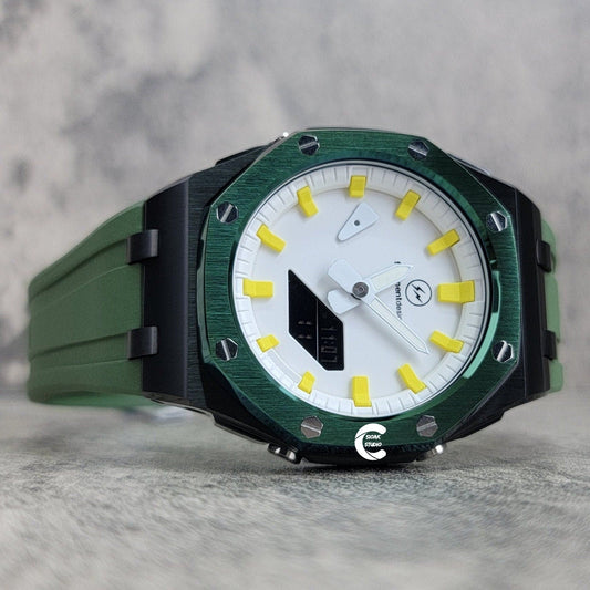 Casioak Mod Watch Offshore Superior Black Case Green Rubber Strap White Yellow Time Mark White Dial 44mm- Casioak Mod Casio G-Shock Royal Oak Custom Mens Luxury Watches Ga2100