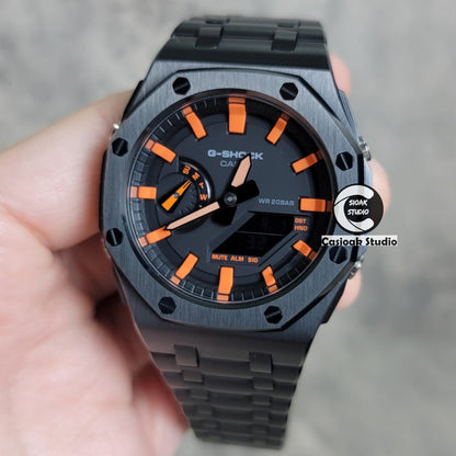 Casioak Mod Watch Offshore Superior Black Case Metal Strap Black Orange Time Mark Black Dial 44mm- Casioak Mod Casio G-Shock Royal Oak Custom Mens Luxury Watches Ga2100