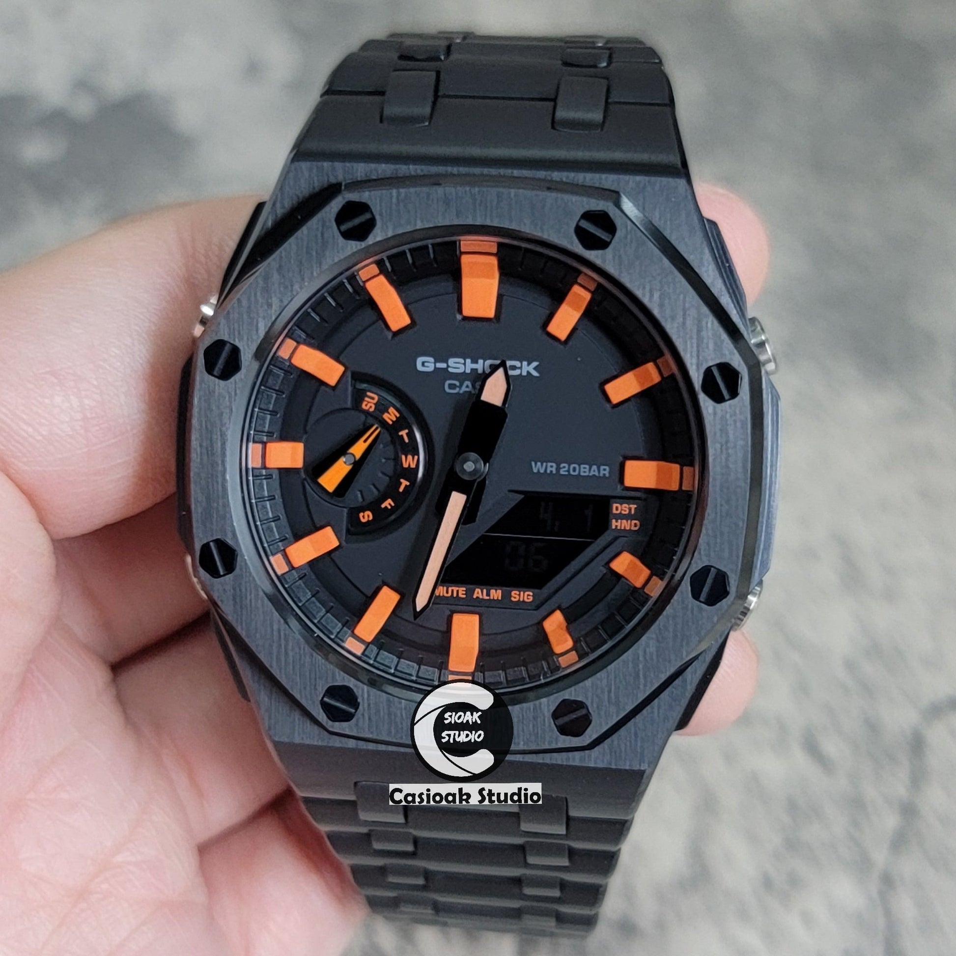 Casioak Mod Watch Offshore Superior Black Case Metal Strap Black Orange Time Mark Black Dial 44mm- Casioak Mod Casio G-Shock Royal Oak Custom Mens Luxury Watches Ga2100