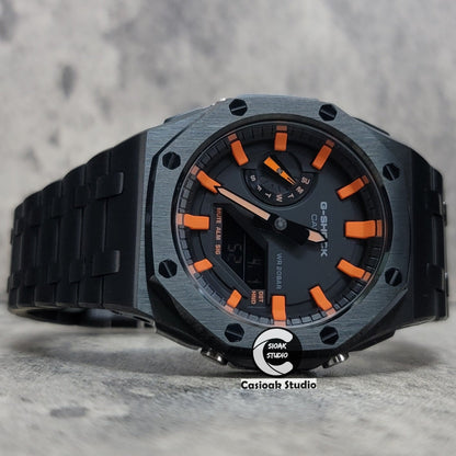 Casioak Mod Watch Offshore Superior Black Case Metal Strap Black Orange Time Mark Black Dial 44mm- Casioak Mod Casio G-Shock Royal Oak Custom Mens Luxury Watches Ga2100