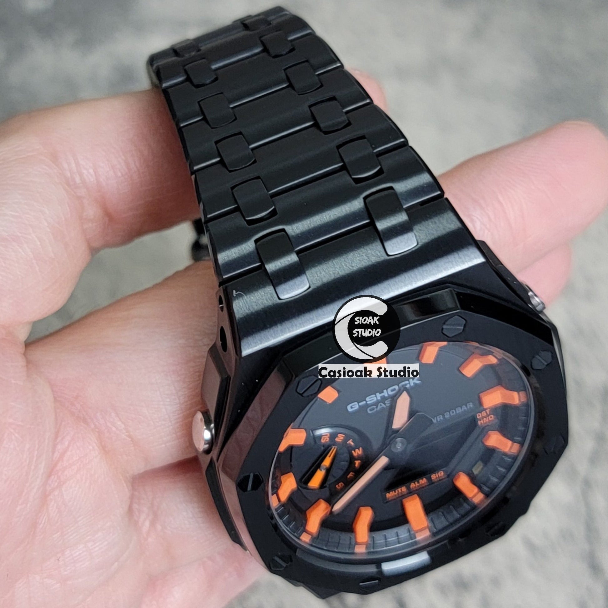 Casioak Mod Watch Offshore Superior Black Case Metal Strap Black Orange Time Mark Black Dial 44mm- Casioak Mod Casio G-Shock Royal Oak Custom Mens Luxury Watches Ga2100