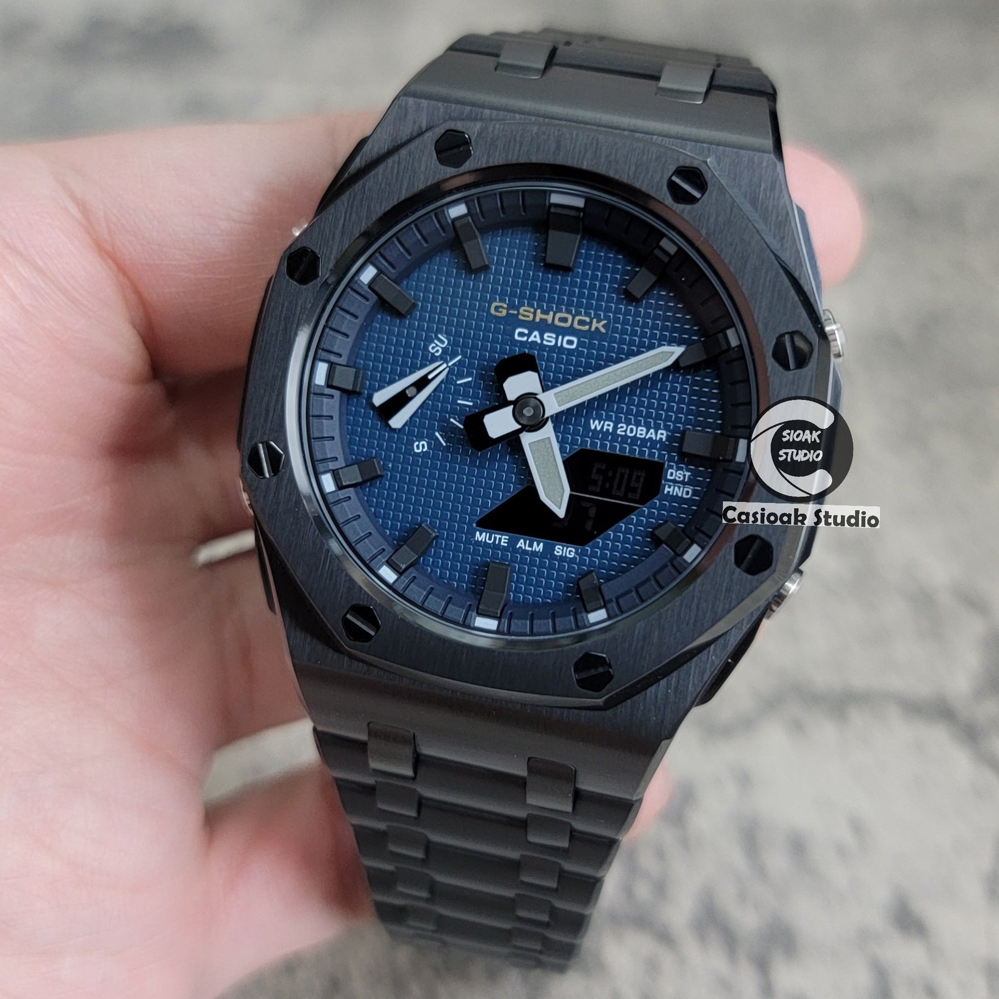 Casioak Mod Watch Offshore Superior Black Case Metal Strap Black Time Mark Blue Waffle Dial 44mm- Casioak Mod Casio G-Shock Royal Oak Custom Mens Luxury Watches Ga2100