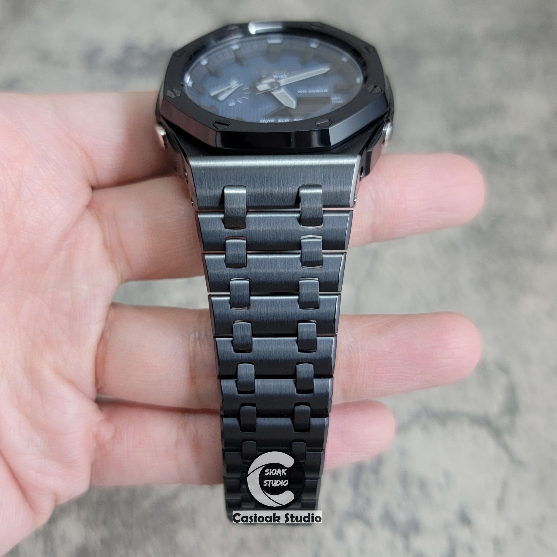 Casioak Mod Watch Offshore Superior Black Case Metal Strap Black Time Mark Blue Waffle Dial 44mm- Casioak Mod Casio G-Shock Royal Oak Custom Mens Luxury Watches Ga2100