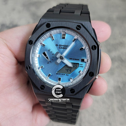 Casioak Mod Watch Offshore Superior Black Case Metal Strap Silver Time Mark Blue Dial 44mm- Casioak Mod Casio G-Shock Royal Oak Custom Mens Luxury Watches Ga2100