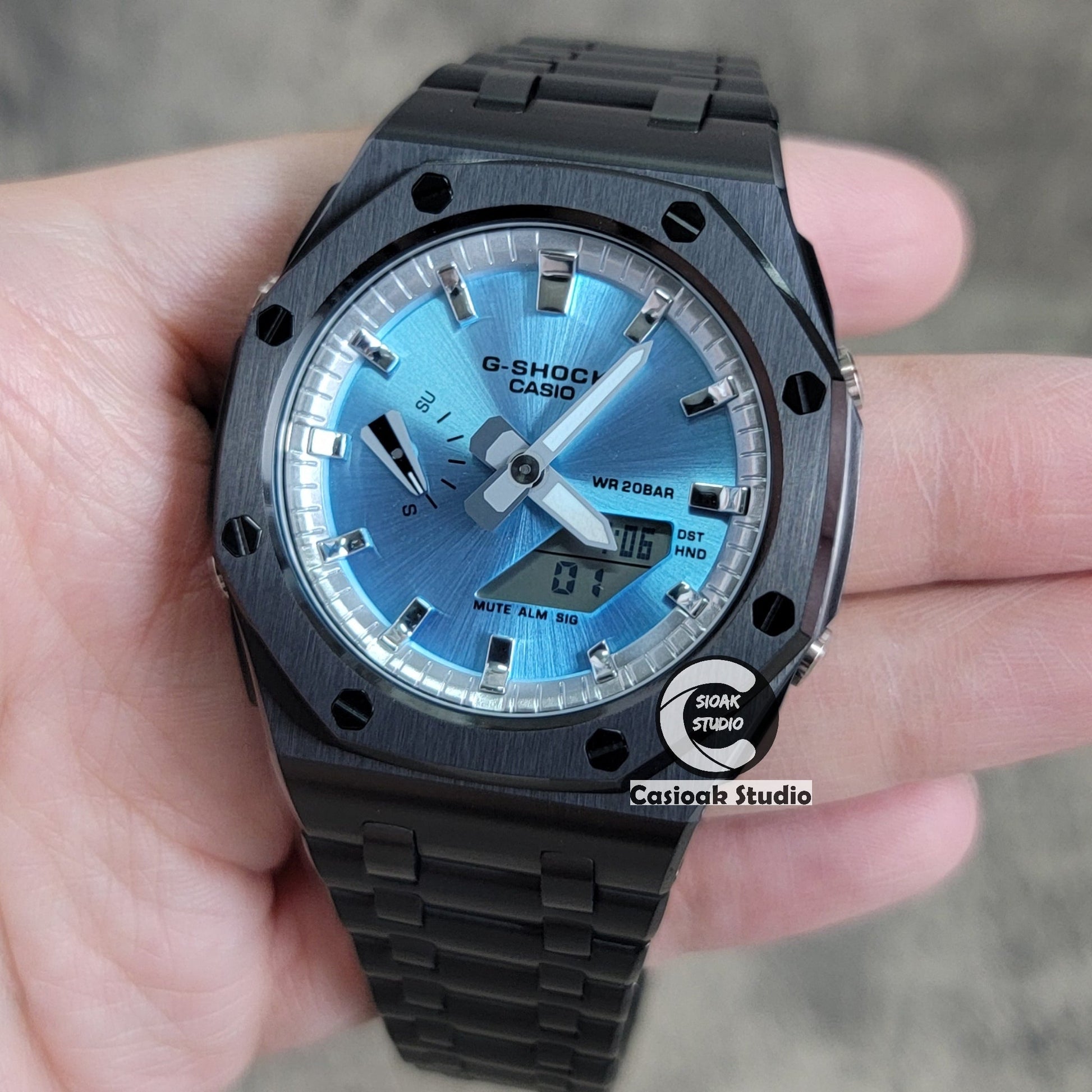 Casioak Mod Watch Offshore Superior Black Case Metal Strap Silver Time Mark Blue Dial 44mm- Casioak Mod Casio G-Shock Royal Oak Custom Mens Luxury Watches Ga2100