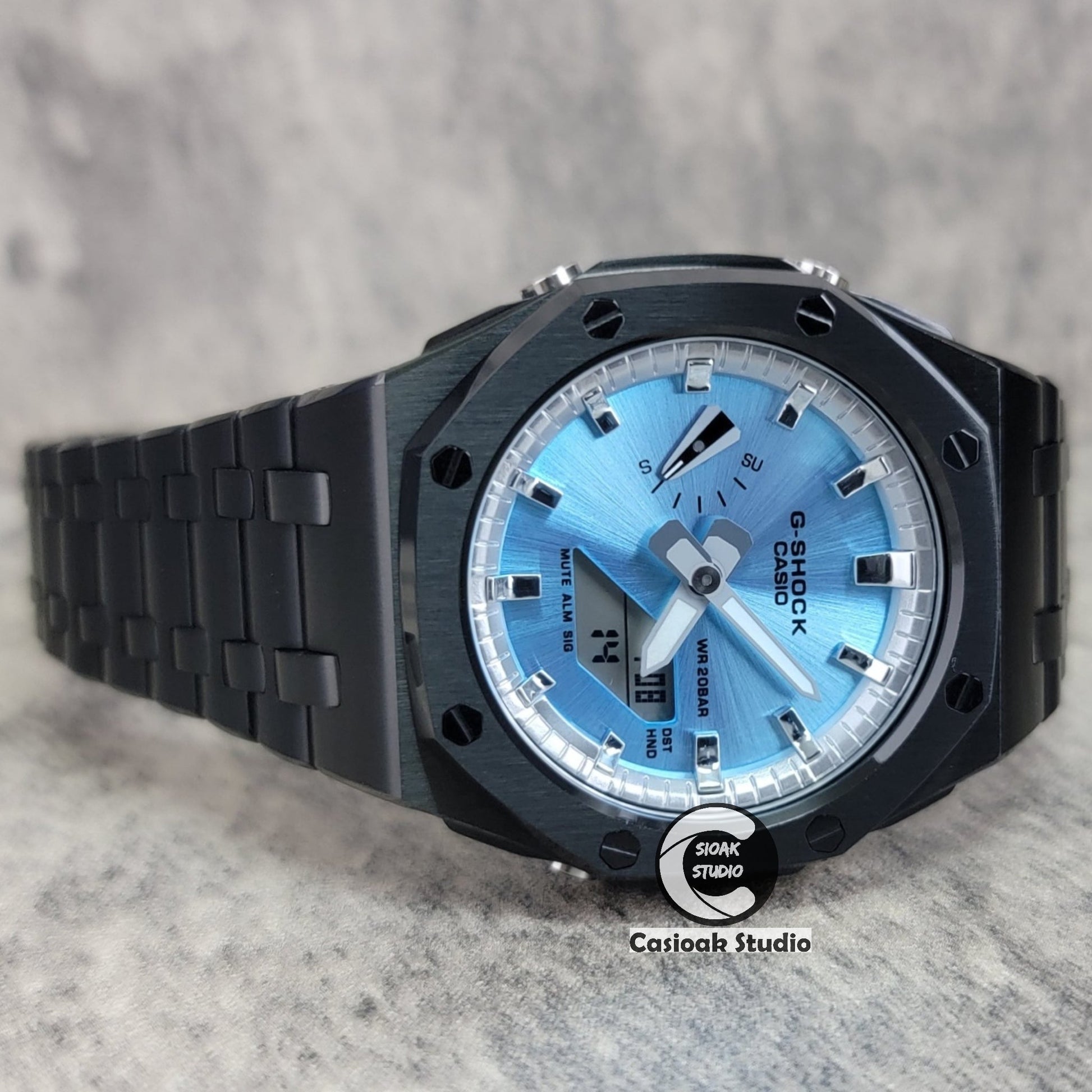 Casioak Mod Watch Offshore Superior Black Case Metal Strap Silver Time Mark Blue Dial 44mm- Casioak Mod Casio G-Shock Royal Oak Custom Mens Luxury Watches Ga2100