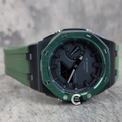 Casioak Mod Watch Offshore Superior Black Green Case Green Rubber Rubber Strap Black Time Mark Black Dial 44mm- Casioak Mod Casio G-Shock Royal Oak Custom Mens Luxury Watches Ga2100