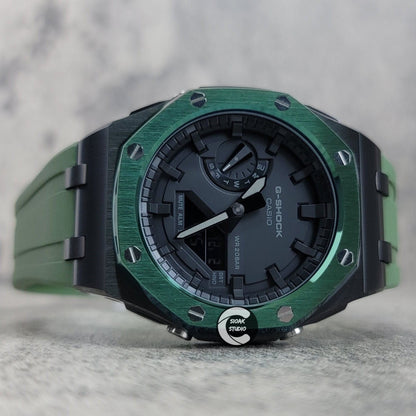 Casioak Mod Watch Offshore Superior Black Green Case Green Rubber Rubber Strap Black Time Mark Black Dial 44mm- Casioak Mod Casio G-Shock Royal Oak Custom Mens Luxury Watches Ga2100