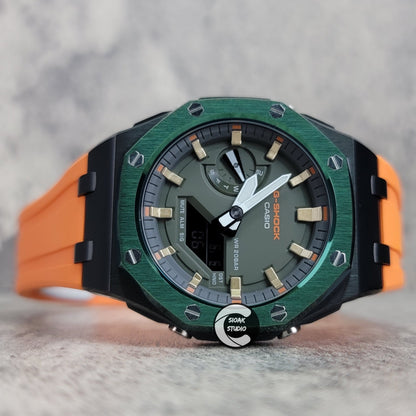 Casioak Mod Watch Offshore Superior Black Green Case Orange Rubber Rubber Strap Black Gold Time Mark OIive Dial 44mm- Casioak Mod Casio G-Shock Royal Oak Custom Mens Luxury Watches Ga2100