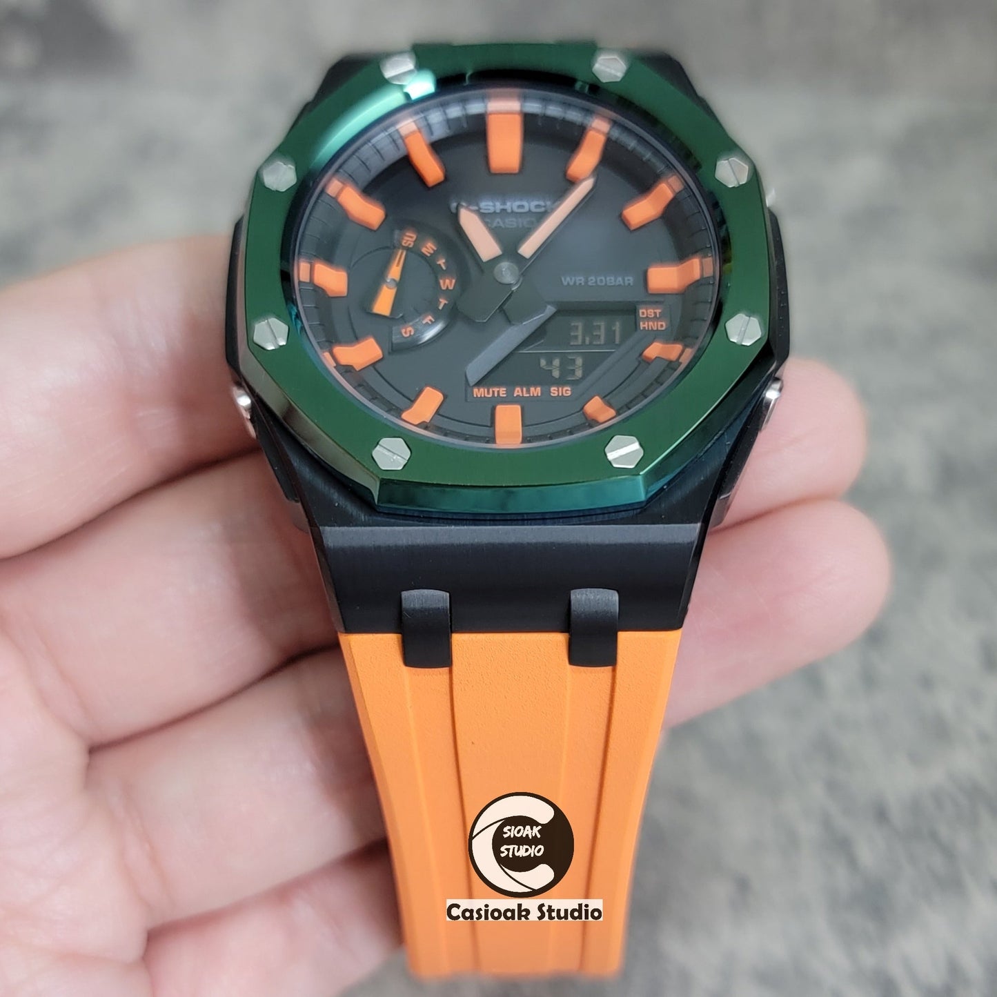 Casioak Mod Watch Offshore Superior Black Green Case Orange Rubber Strap Black Orange Time Mark Black Dial 44mm- Casioak Mod Casio G-Shock Royal Oak Custom Mens Luxury Watches Ga2100