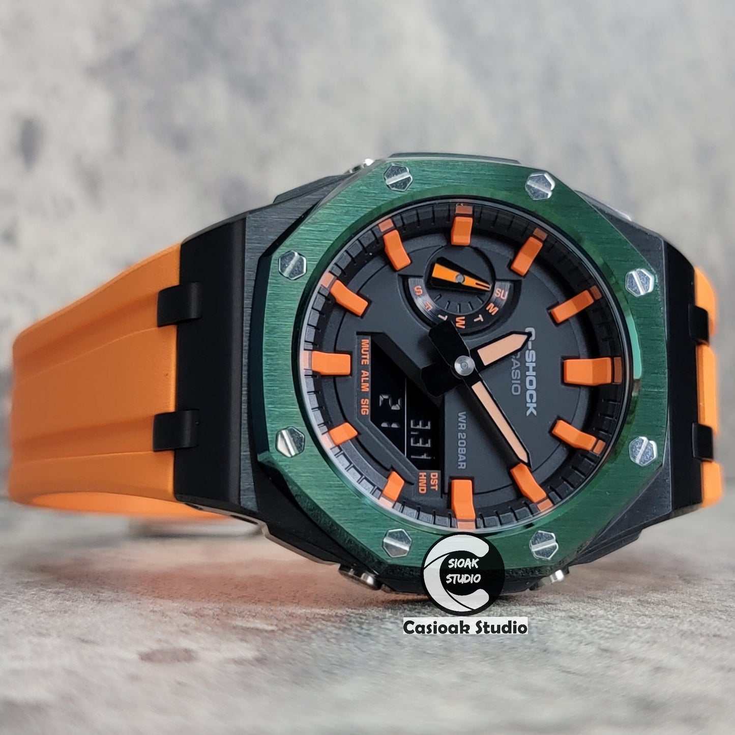 Casioak Mod Watch Offshore Superior Black Green Case Orange Rubber Strap Black Orange Time Mark Black Dial 44mm- Casioak Mod Casio G-Shock Royal Oak Custom Mens Luxury Watches Ga2100