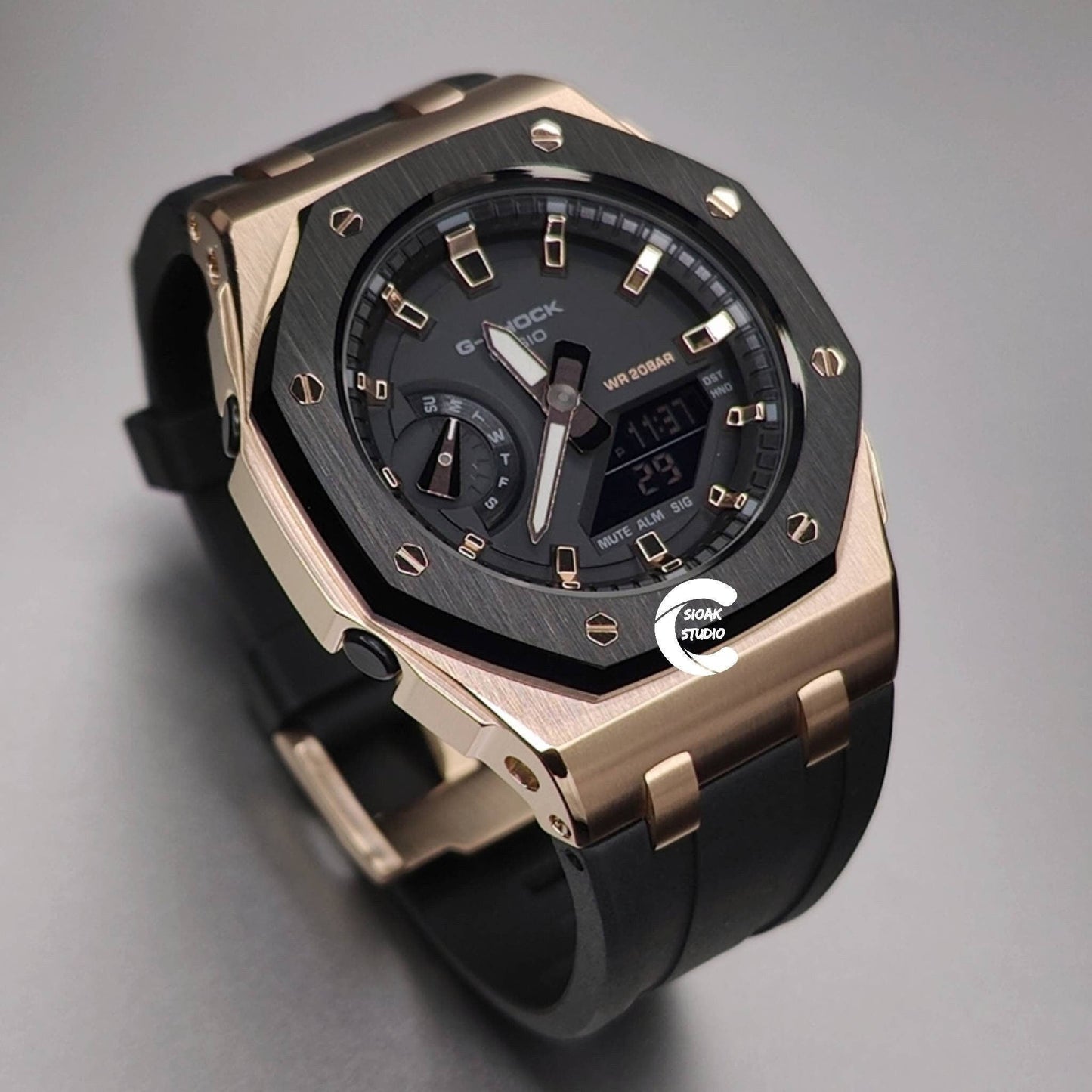 Casioak Mod Watch Offshore Superior Black Rose Gold Case Black Rubber Rubber Strap Black Rose Gold Time Mark Black Dial 42mm- Casioak Mod Casio G-Shock Royal Oak Custom Mens Luxury Watches Ga2100