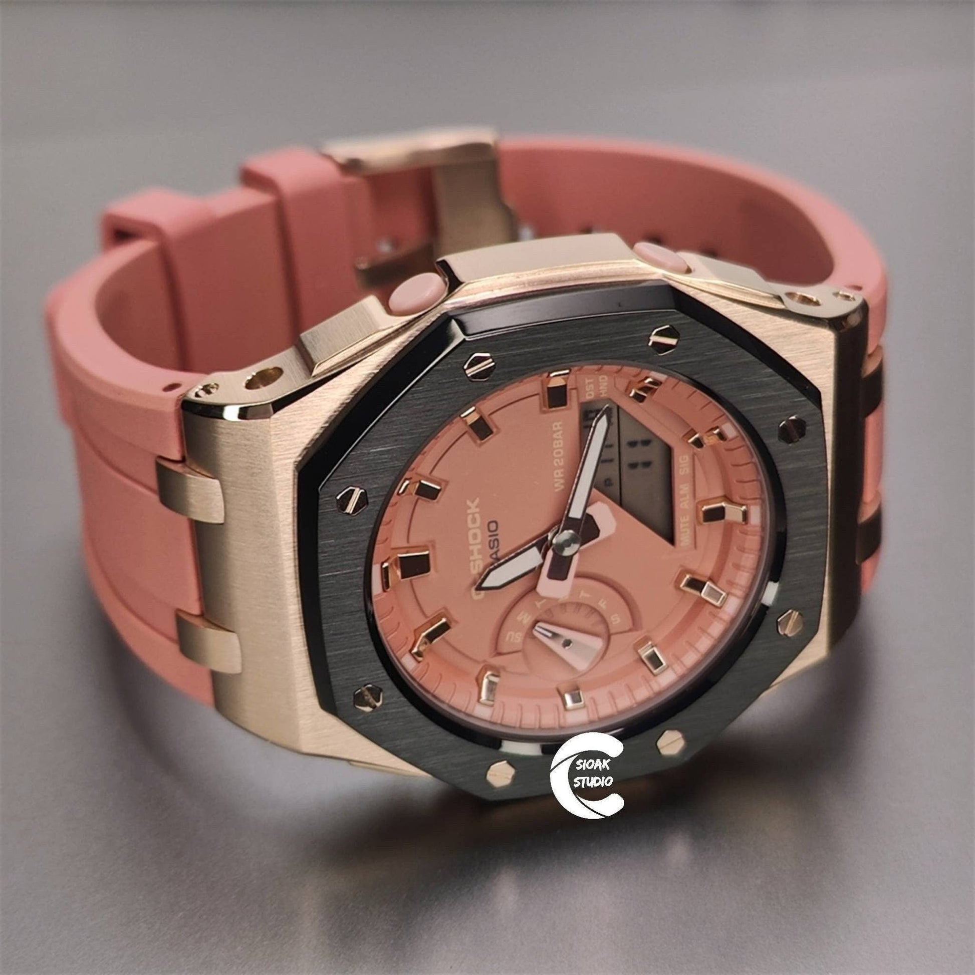 Casioak Mod Watch Offshore Superior Black Rose Gold Case Pink Strap Pink Rose Gold Time Mark Pink Dial 42mm- Casioak Mod Casio G-Shock Royal Oak Custom Mens Luxury Watches Ga2100