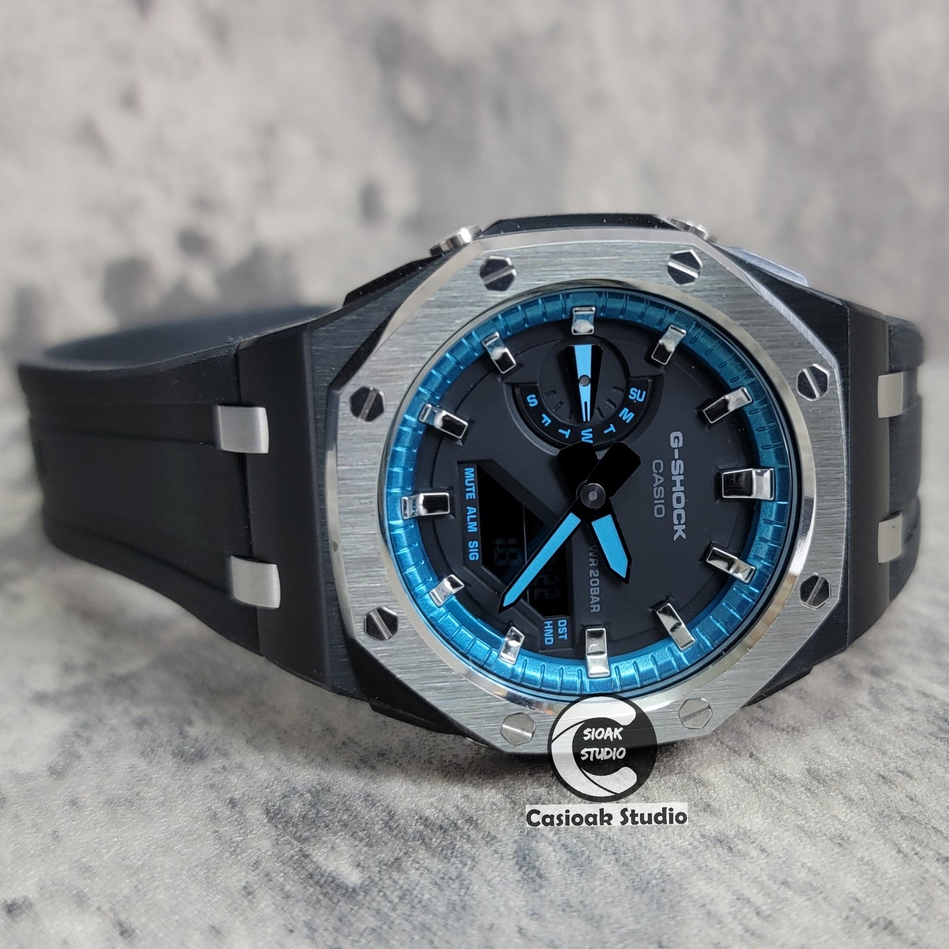 Casioak Mod Watch Offshore Superior Black Silver Case Black Rubber Rubber Strap Blue Silver Time Mark Black Dial 44mm- Casioak Mod Casio G-Shock Royal Oak Custom Mens Luxury Watches Ga2100