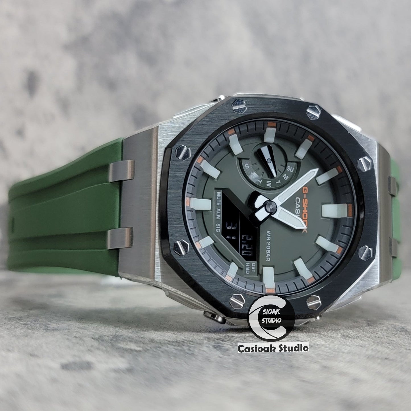 Casioak Mod Watch Offshore Superior Black Silver Case Black Rubber Strap Gray White Luminous Time Mark Olive Green Dial 44mm- Casioak Mod Casio G-Shock Royal Oak Custom Mens Luxury Watches Ga2100