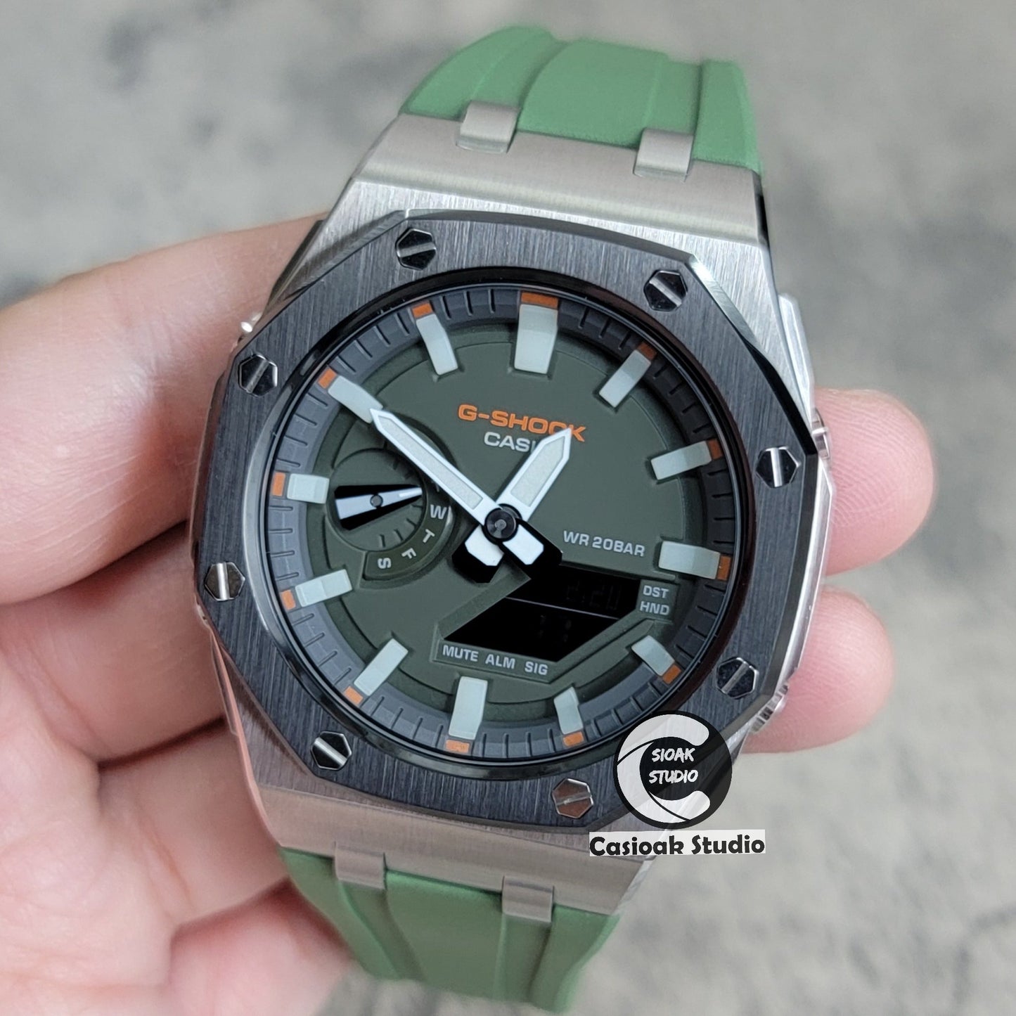 Casioak Mod Watch Offshore Superior Black Silver Case Black Rubber Strap Gray White Luminous Time Mark Olive Green Dial 44mm- Casioak Mod Casio G-Shock Royal Oak Custom Mens Luxury Watches Ga2100