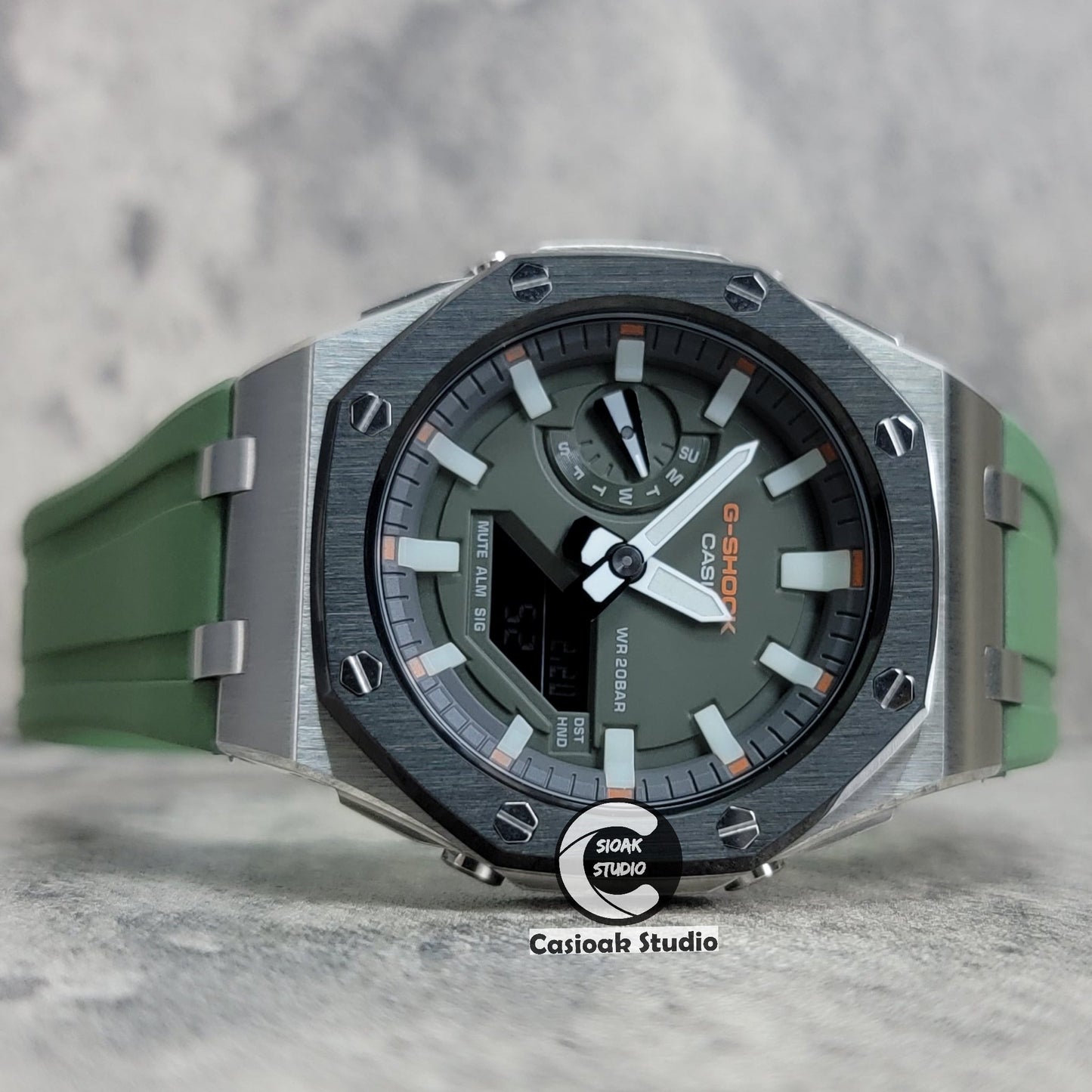 Casioak Mod Watch Offshore Superior Black Silver Case Black Rubber Strap Gray White Luminous Time Mark Olive Green Dial 44mm- Casioak Mod Casio G-Shock Royal Oak Custom Mens Luxury Watches Ga2100