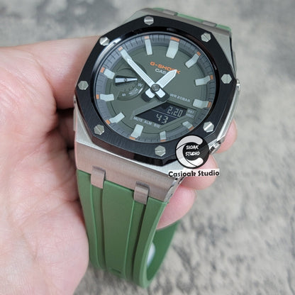 Casioak Mod Watch Offshore Superior Black Silver Case Black Rubber Strap Gray White Luminous Time Mark Olive Green Dial 44mm- Casioak Mod Casio G-Shock Royal Oak Custom Mens Luxury Watches Ga2100