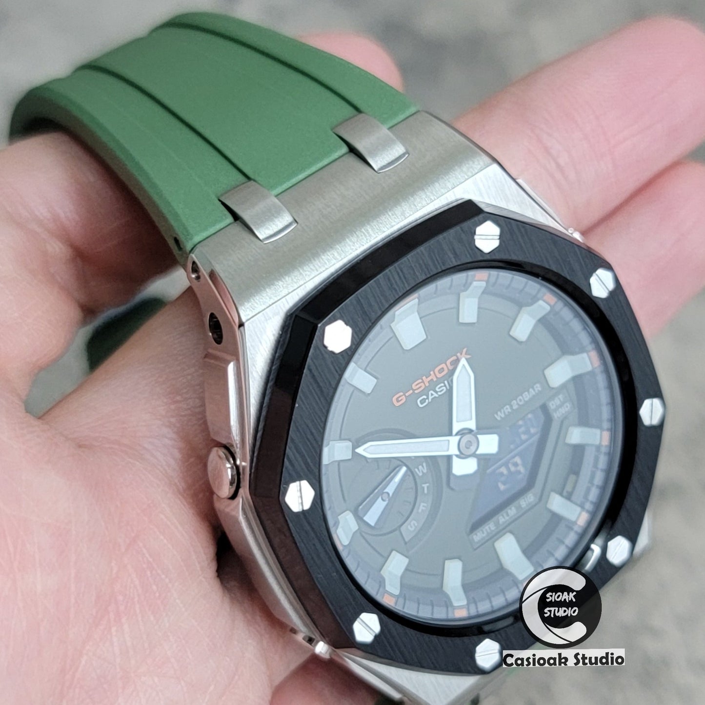 Casioak Mod Watch Offshore Superior Black Silver Case Black Rubber Strap Gray White Luminous Time Mark Olive Green Dial 44mm- Casioak Mod Casio G-Shock Royal Oak Custom Mens Luxury Watches Ga2100