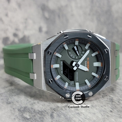 Casioak Mod Watch Offshore Superior Black Silver Case Black Rubber Strap Gray White Luminous Time Mark Olive Green Dial 44mm- Casioak Mod Casio G-Shock Royal Oak Custom Mens Luxury Watches Ga2100