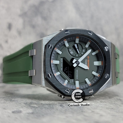 Casioak Mod Watch Offshore Superior Black Silver Case Black Rubber Strap Gray White Luminous Time Mark Olive Green Dial 44mm- Casioak Mod Casio G-Shock Royal Oak Custom Mens Luxury Watches Ga2100