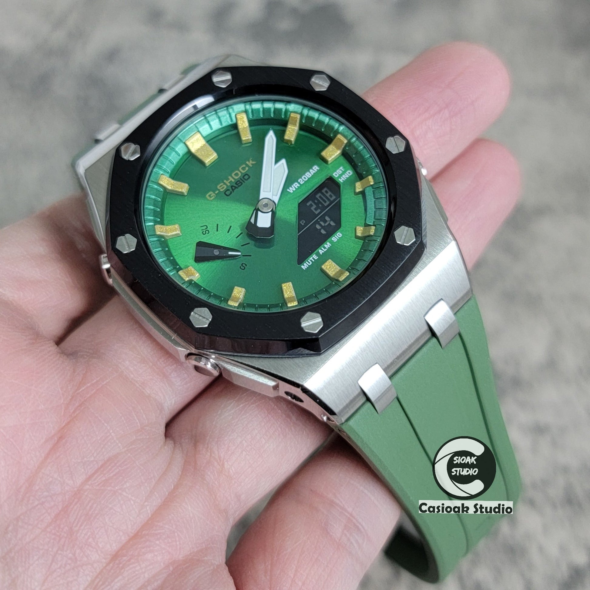 Casioak Mod Watch Offshore Superior Black Silver Case Black Rubber Strap Green Gold Time Mark Green Dial 44mm- Casioak Mod Casio G-Shock Royal Oak Custom Mens Luxury Watches Ga2100