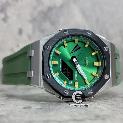 Casioak Mod Watch Offshore Superior Black Silver Case Black Rubber Strap Green Gold Time Mark Green Dial 44mm- Casioak Mod Casio G-Shock Royal Oak Custom Mens Luxury Watches Ga2100