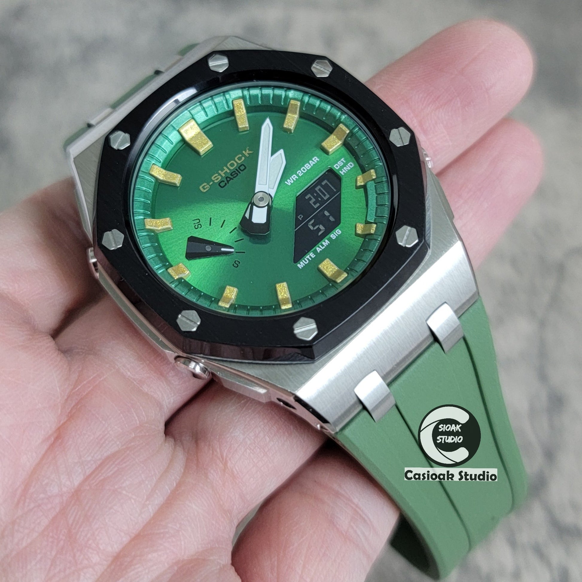 Casioak Mod Watch Offshore Superior Black Silver Case Black Rubber Strap Green Gold Time Mark Green Dial 44mm- Casioak Mod Casio G-Shock Royal Oak Custom Mens Luxury Watches Ga2100