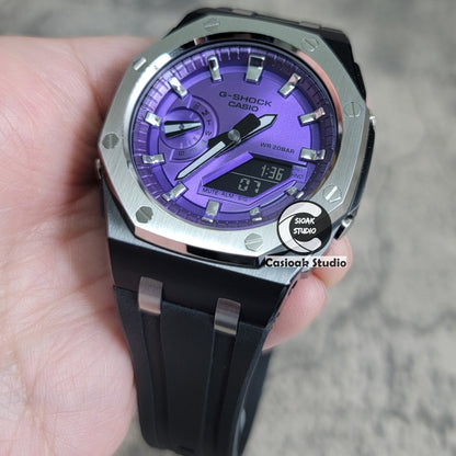 Casioak Mod Watch Offshore Superior Black Silver Case Black Rubber Strap Purple Silver Time Mark Purple Dial 44mm- Casioak Mod Casio G-Shock Royal Oak Custom Mens Luxury Watches Ga2100